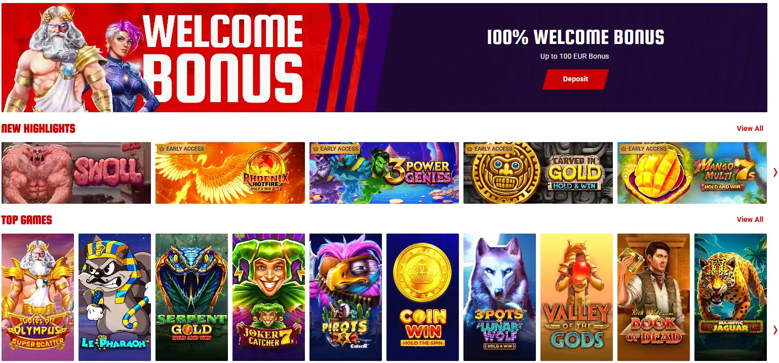 55Bet welkomstbonus banner en uitgelichte casinospellen.